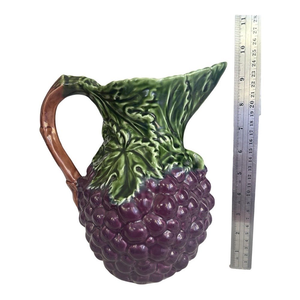 Vintage Olfaire Portugal Majolica Purple Grape Cluster Ceramic Pitcher Jug 9.5"